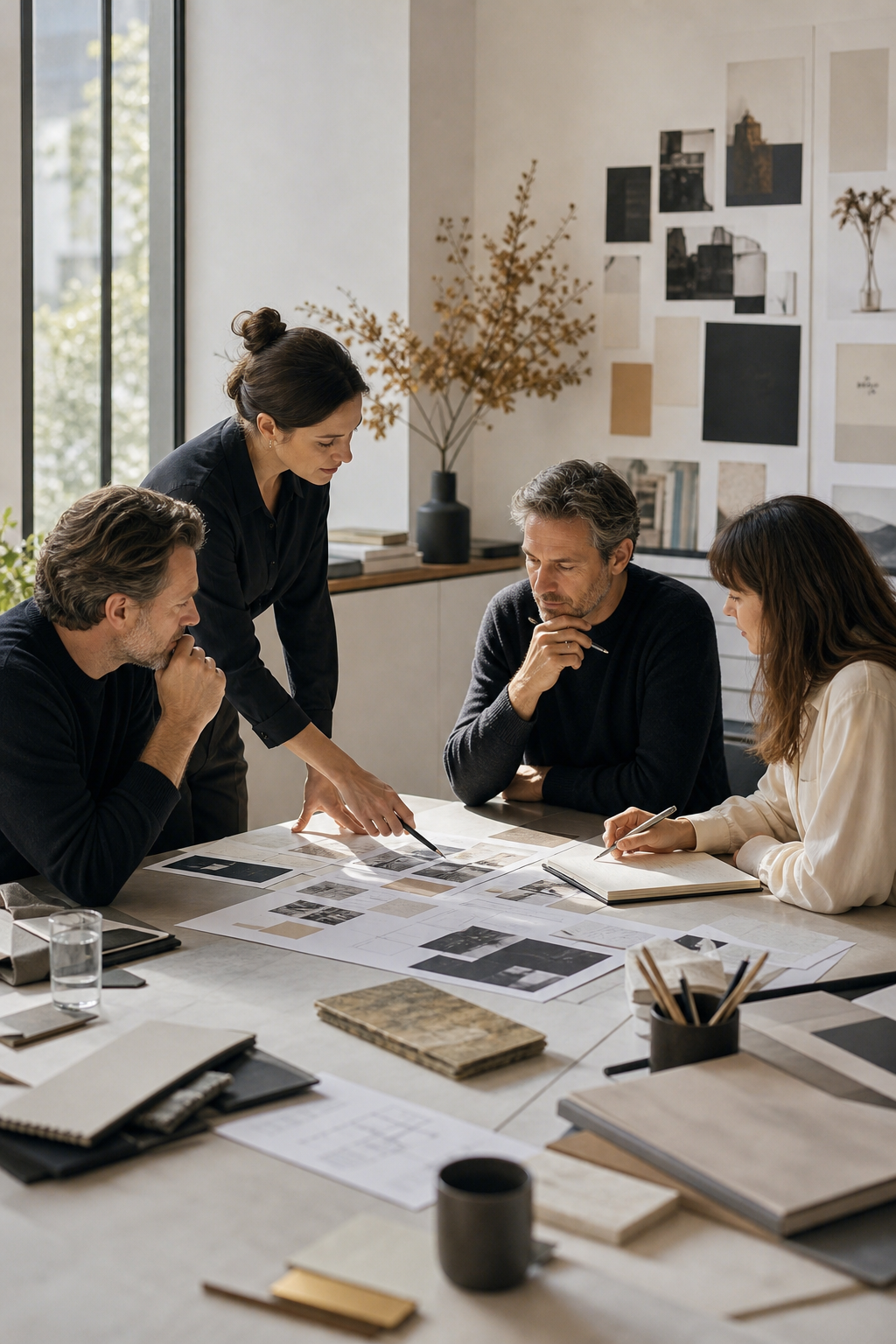 Senior brand strategists and designers discuss a new identity concept in a bright studio.